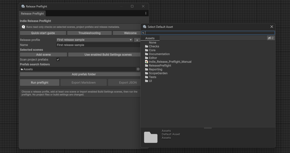 Unity asset picker selecting a prefab search folder
