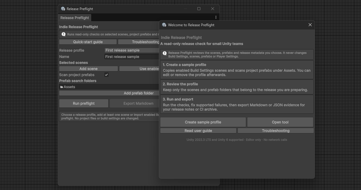 Release Preflight first-run welcome window over the main tool
