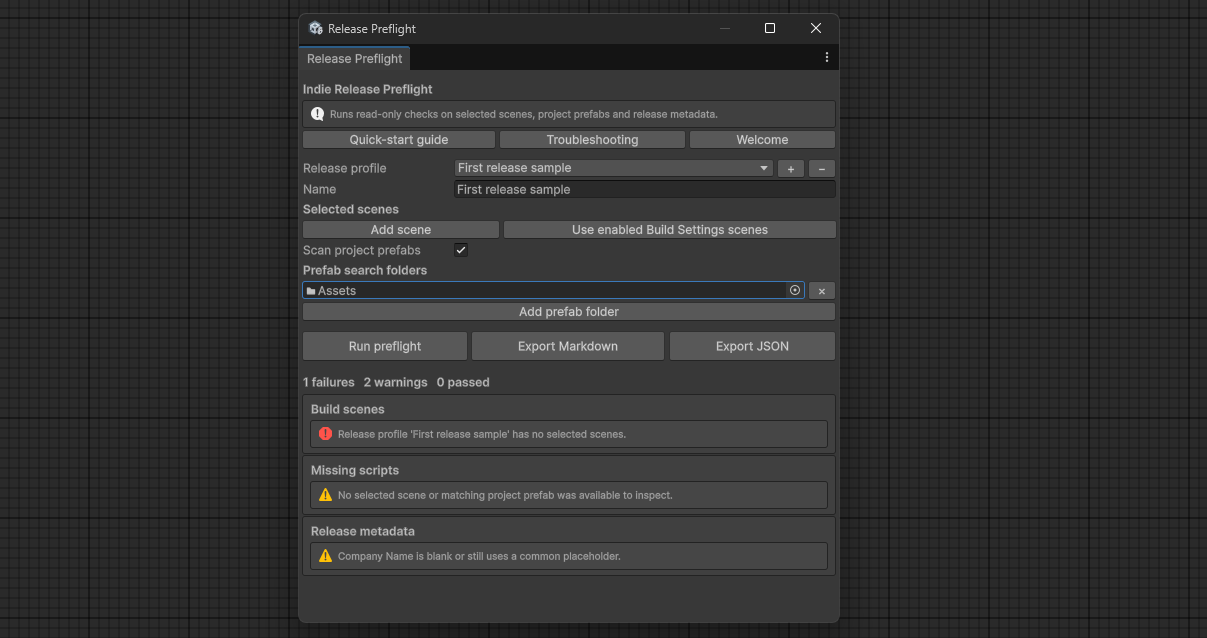 Indie Release Preflight showing failure and warning results