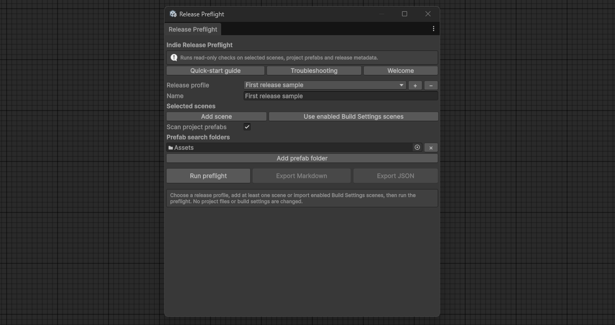 Release Preflight profile configuration window